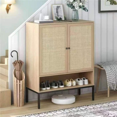 ZUN Rattan Shoe Cabinet with Adjustable Shelves, 5 Tier Shoe Storage Cabinet with Doors & Bottom Cubby, W420P207364