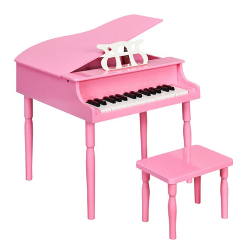 ZUN Pink Kids Piano 30-Key Wood Toy Kids Grand Piano with Bench and Music Rack 01522365