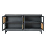 Retro 4-Door Sideboard with Large Storage Space Artificial Rattan Doors and Transparent Glass, W2696P256247