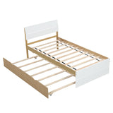 Modern Twin Bed Frame For White High Gloss Headboard and Footboard With Light Oak Trundle W697131327