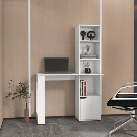 ZUN White Computer Desk with 4-Tier Bookcase and 1-Door Cabinet B062111728