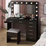 Vanity Desk Set with Large Lighted Mirror and Powre Outlet, Glass Top Makeup with 7 Drawers, 64200028