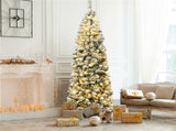 7.5ft Snow Flocked Pencil Christmas Tree - 641 Branch Tips, 350 Warm LED Lights, PVCMetal 44605687