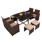 ZUN 9 Pieces Wood Grain PE Wicker Rattan Dining Ottoman with Tempered Glass Table Patio Furniture Set 19520971