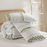 3 PCS Full/Queen Cotton Printed Comforter Set with Chenille Sage/Ivory B035P319203