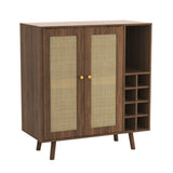 ZUN Bohemian Bar Cabinet, Natural Rattan Doors, Removable Wine Rack in Walnut B064P191193