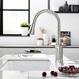 ZUN 3 Hole Brushed Nickel Bridge Kitchen Faucet with Down Sprayer,2 Handle Faucet for Kitchen Sinks W1932P186913