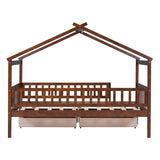Twin Size Wooden House Bed with Two Drawers, Walnut WF302181AAL
