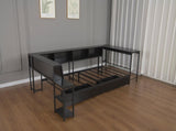 Corner Bed Frame Twin Size with Bookcase and 2 Underbed Storage Drawers, Modern Twin Bed with LED W1670P357170