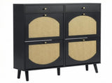 Rattan shoe cabinet with 2 drawers and 4 flip-tops, made of particleboard, 105*24*110cm, black 05339909