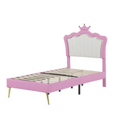Twin Size Upholstered Bed Frame with LED Lights, Modern Upholstered Princess Bed with Crown W2770P190377