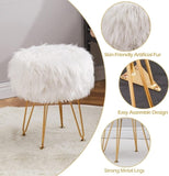 Faux Fur Storage Ottoman Round Furry Vanity Stool with Marble Tray, Compact Footrest with 4 Metal 47853610