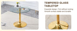 A 35-inch diameter glass top and a modern, minimalist round dining table with gold metal legs. Ideal W1151P263755