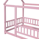 ZUN Twin Size Floor Wooden Bed with House Roof Frame, Fence Guardrails,Pink W504P174635