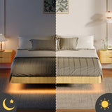 Oak King Floating Bed Frame with LED Lights, Wave Curve Wood Texture Bed with Heavy Duty Metal Slats W1820P333577