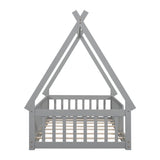 Twin Tent-shaped Floor Bed, Teepee Bed with Guardrails, Slats,Grey W504119495