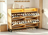 () 4-Compartment Flip-Up Drawer Shoe Cabinet with Grilles and 2 Drawers LED 19063139