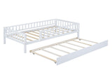 Twin Size Wood Daybed with Trundle and Fence Guardrails, White WF301862AAK