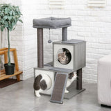 ZUN Modern Wood Cat Tree Cat Tower With Double Condos Spacious Perch Sisal Scratching Posts and 06646729