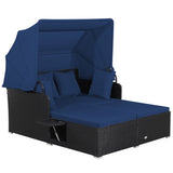 Navy Rattan Daybed Lounge W/ Retractable Top Canopy Side Tables Cushions 50299606