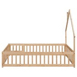 Full House-Shaped Headboard Floor Bed with Fence,Natural W504119482