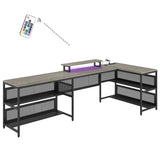 ZUN U Shaped Desk with Power Outlets & LED Strip & Monitor Stand, L Shaped Desk with Storage Shelf, Home W578P149135