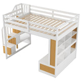 ZUN Full Size Loft Bed with Desk and Shelves, Two Built-in Drawers, Storage Staircase, White and Natural 04858801