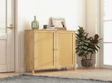 Mid-Century Modern Storage Cabinet with Woven Rattan Doors & Adjustable Shelves - Perfect for Living 09074771
