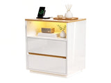High Gloss White & Oak Two-Tone Nightstand, RGB Light, US Power Outlet, 2 37462022