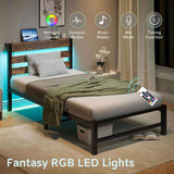 Twin Size Bed Frame Heavy Duty Platform Bed Frame with Headboard, USB Charging Station, LED Bed, No W840P209879