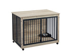 ZUN Furniture Style Dog Crate Side Table With Rotatable Feeding Bowl, Wheels, Three Doors, Flip-Up Top W1820106191