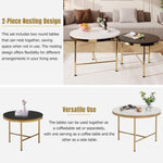 ZUN Modern Round Nesting Coffee Table Set 2-Piece Black & White Sintered Stone Top Gold Base in WF325908AAK