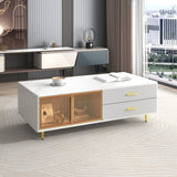 Modern White Coffee Table with 2 Glass Door Storage, 4 Drawers, Gold Metal Legs, and Multi-Color N735P167909