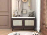 TREXM Boho Rattan Entryway Bench with Storage, Cushioned Shoe Bench with Double Doors, Wooden Shoe N715P308012P