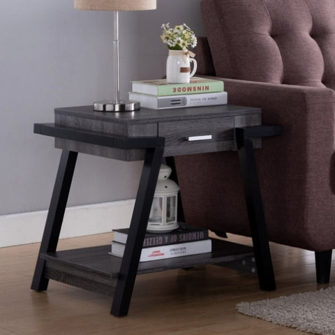 ZUN Home End Table with Drawer, Side Table with Storage Shelf in Distressed Grey & Black B107131303