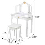 Children's Wooden Dressing Table Three-Sided Folding Mirror Dressing Table Chair Single Drawer White 07586825
