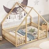 Full Wood House-Shaped Floor Bed with Fence, Guardrails,Natural W504P143295
