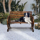 Rustic 2-Person Wooden Wagon Wheel Bench with Slatted Seat and Backrest, 54868560