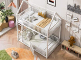 Metal Twin over Twin House Bunk Bed with Fence and Door, White N709P214091K
