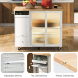 Kitchen Island with Drop Leaf, LED Light Kitchen Cart on Wheels with 2 Fluted Glass Doors and 1 Flip WF311171AAW