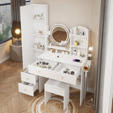 ZUN Full Body Mirror Cabinet + Round Mirror LED Vanity Table + Cushioned Stool, With 2 AC + 2 USB Power 39436395