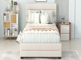 Queen Upholstered Platform Bed with Twin Size Trundle and Two Drawers, Beige 25388983