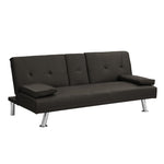 ZUN Sofa Bed with Armrest two holders WOOD FRAME, STAINLESS LEG, FUTON BROWN PVC,DARK BROWN W2297P284141