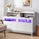 ZUN White Wood Tempered Glass Drawer Dresser with LED Light Strips & Charging Station & USB Ports Bed 58583809