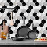 48 Pcs Black And White Marble Wall Stickers Mosaic Hexagon Peel And Stick Backsplash PVC Glossy Self 76827361
