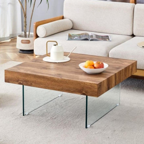 ZUN Natural Style Square MDF Coffee Table - 31.5"x31.5" with Tempered Glass Legs.Density Board W1151P232702