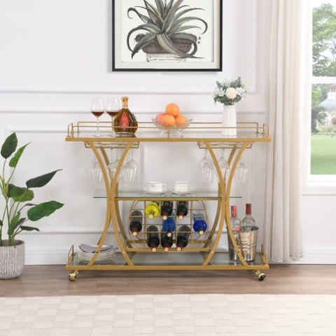 ZUN Golden Bar Cart with Wine Rack Tempered Glass Metal Frame Wine Storage W821P184472