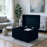 Black Corduroy Upholstered Storage Ottoman Black Round Rubber Feet 634343cm, Hidden Storage 12672084