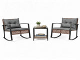 3-Piece Outdoor PE Rattan Rocking Chair Conversation Set with 2-Tier Glass Coffee Table, Heavy Duty 79877072