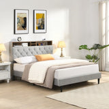 Queen-Size Upholstered Platform Bed Frame with a Modern Button-Tufted Linen Fabric Headboard,USB W311P285479